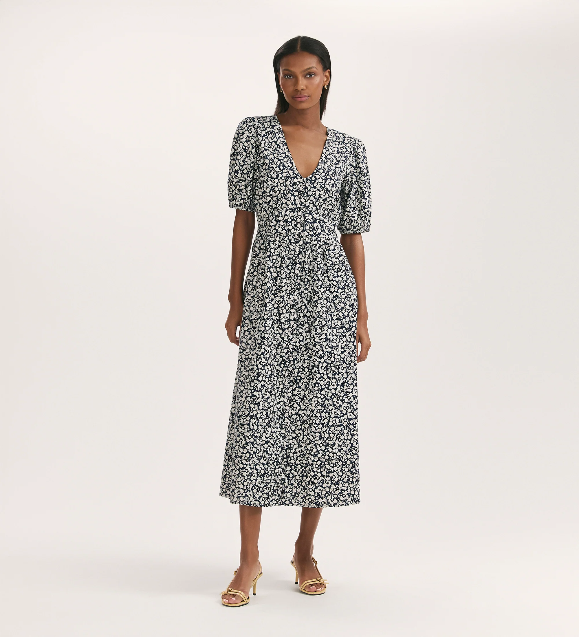 Addison Navy Flower Cotton Button Through Midi Dress