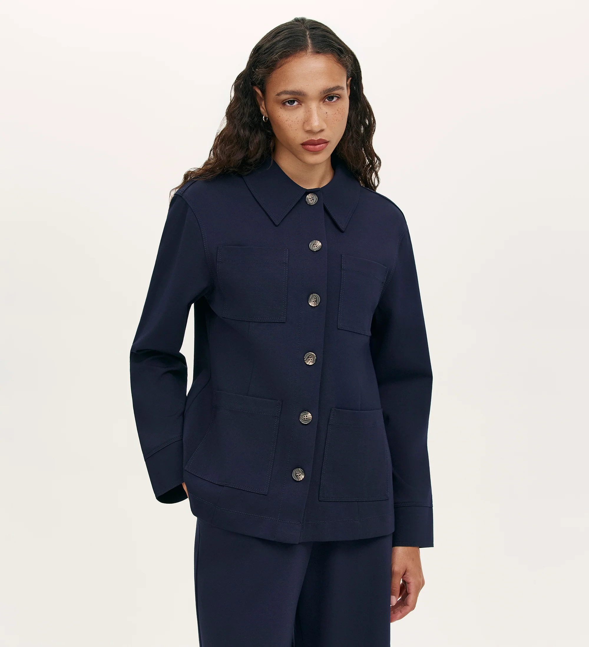 Agness Navy Ponte Jersey Button Down Jacket