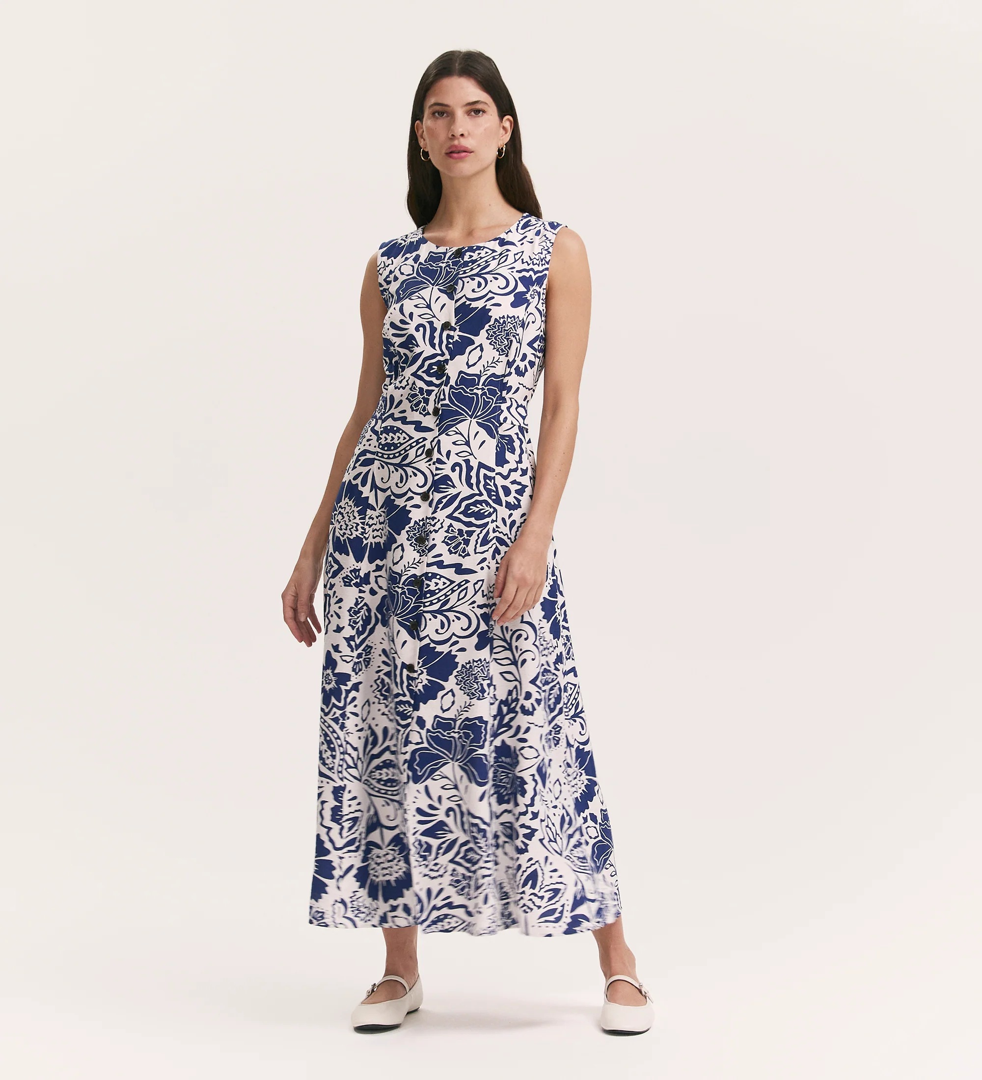 Aimee Navy Flower Button Through Sleeveless Midi Dress