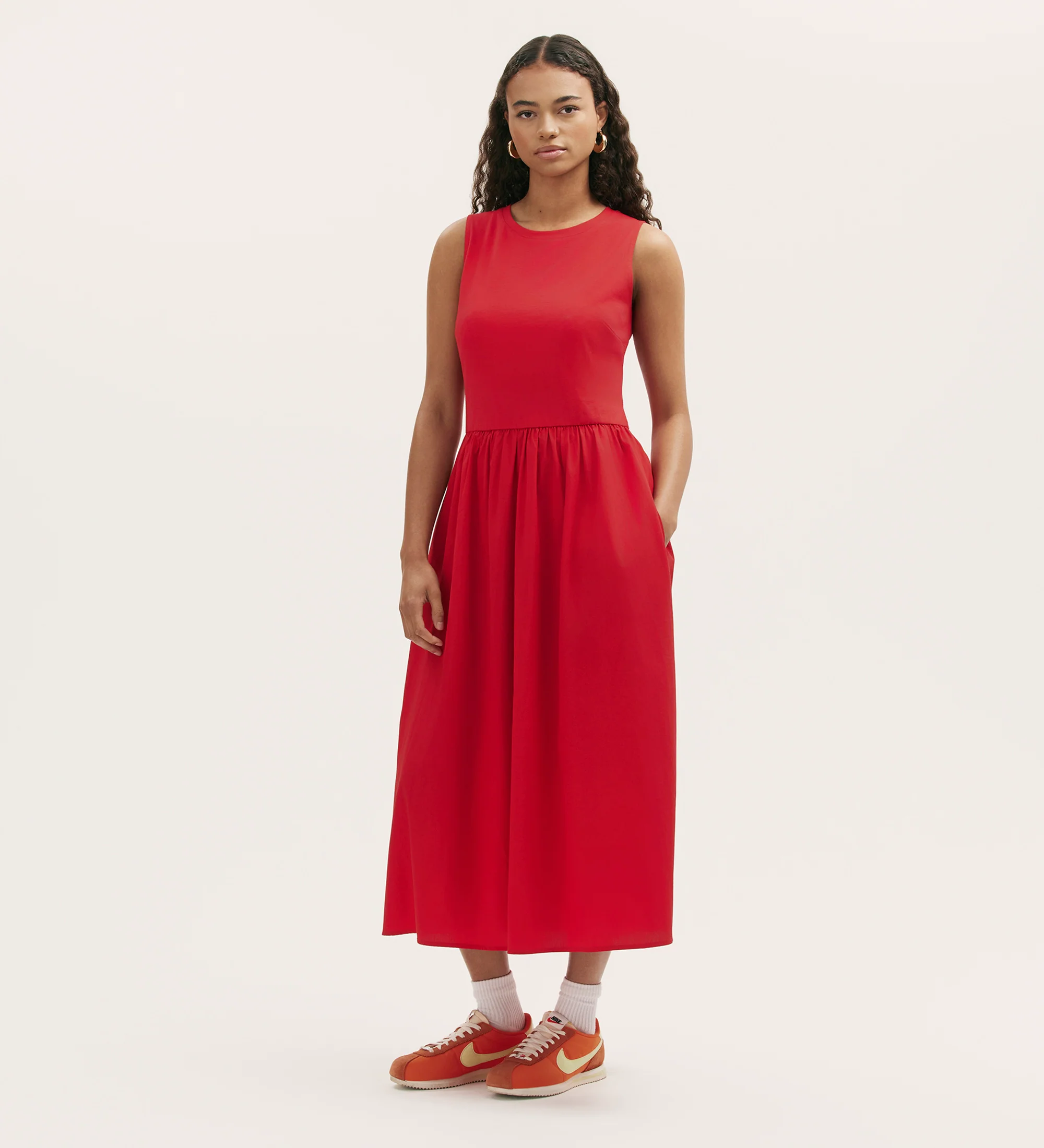 Georgie Red Cotton Sleeveless Midi Dress