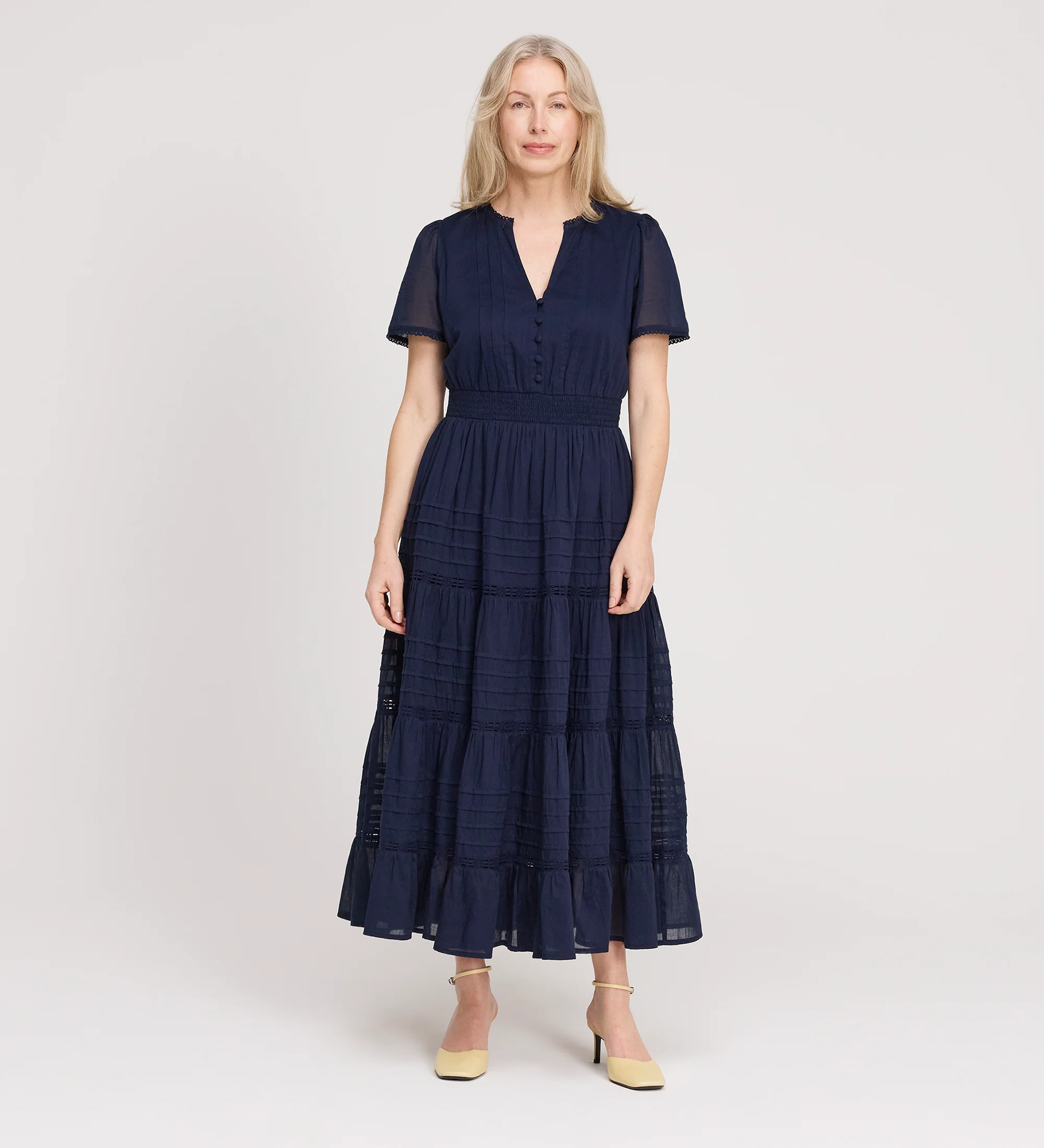 Juniper Navy Cotton Lace Tiered Midi Dress