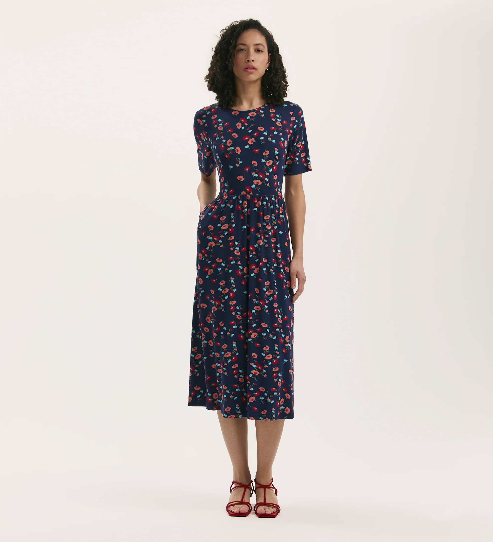 Kathryn Navy Flower Jersey Midi T-Shirt Dress