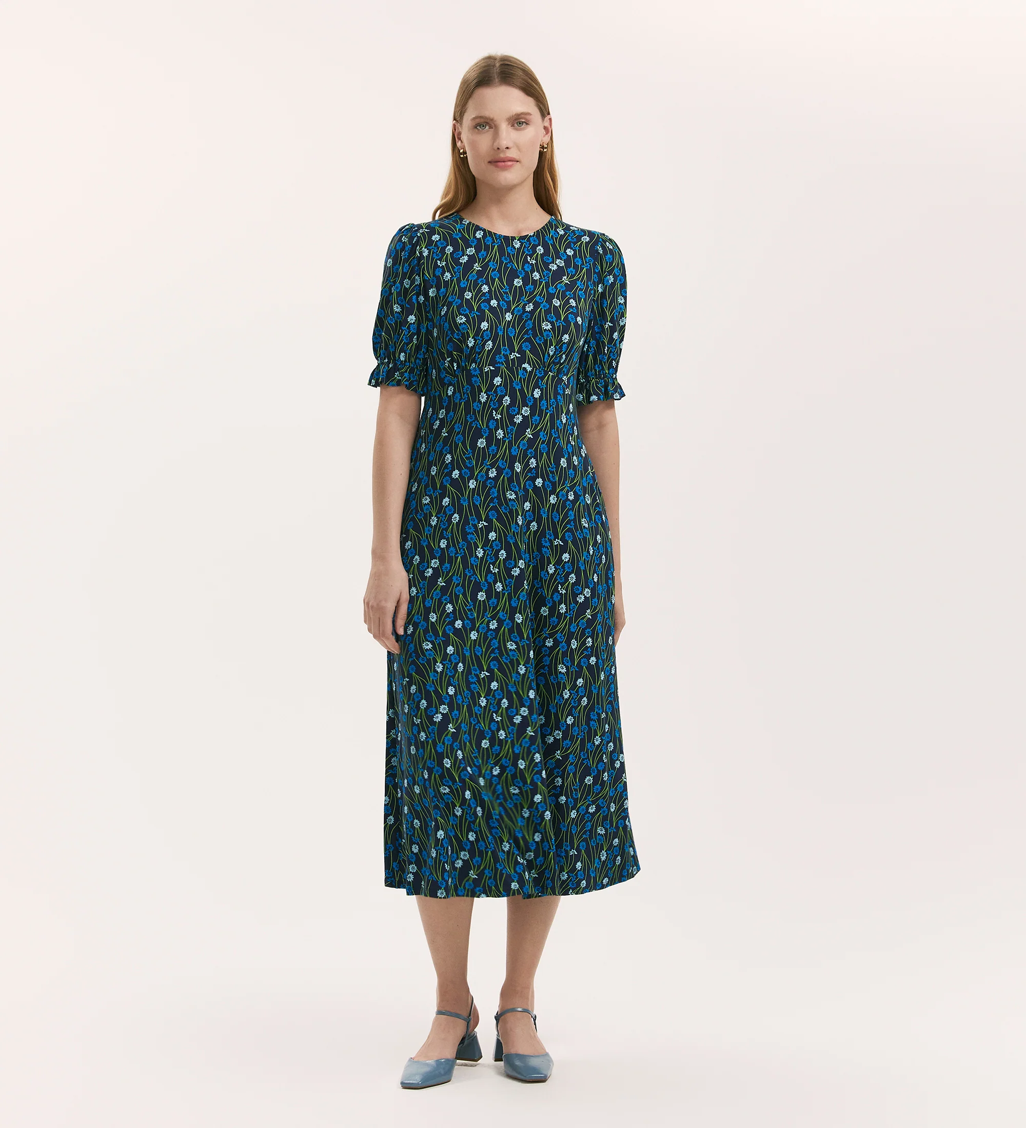 Lenisha Blue Flower Jersey Midi Tea Dress