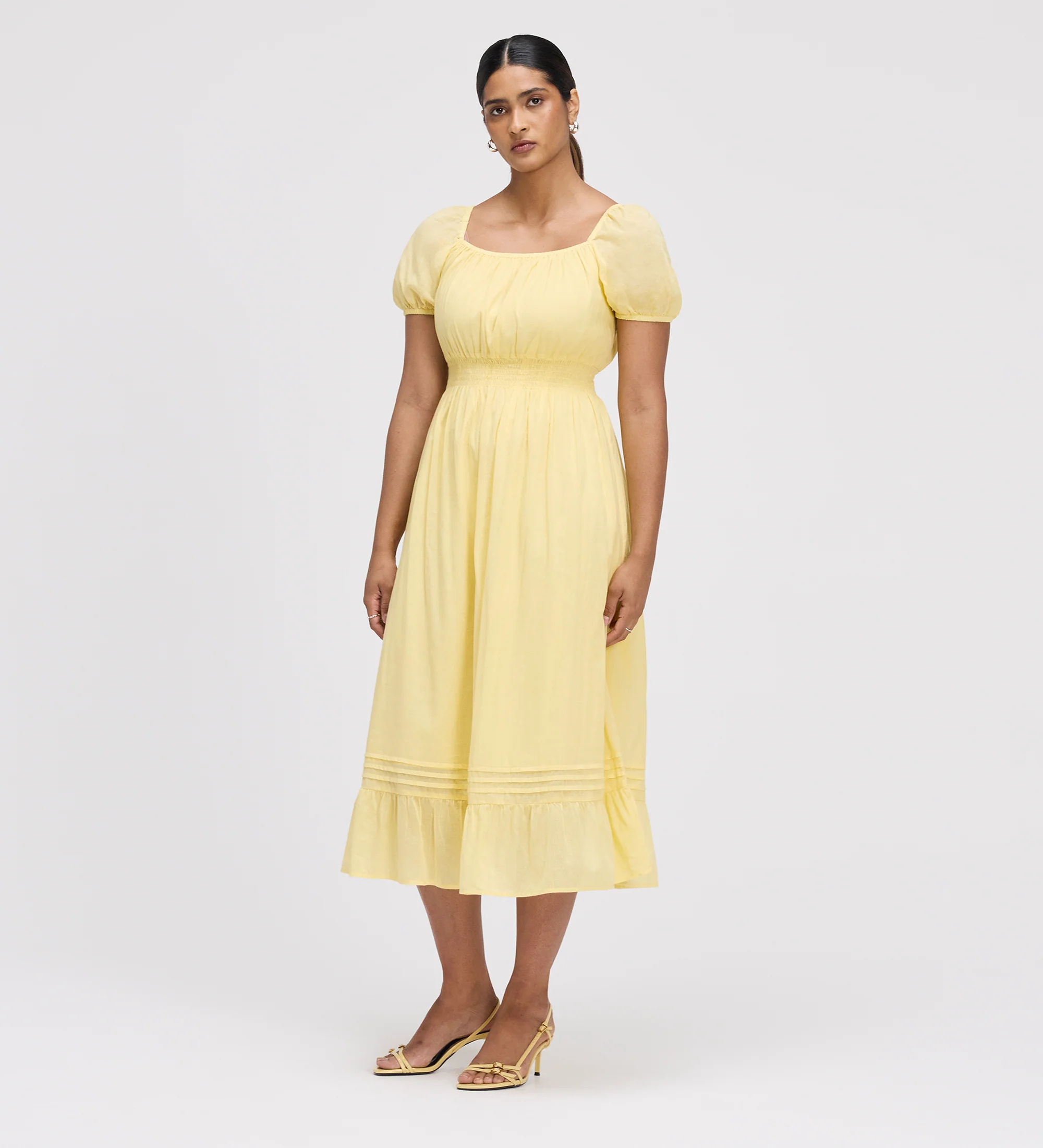 Mandy Yellow Cotton Puff Sleeves Square Neck Midi Dress