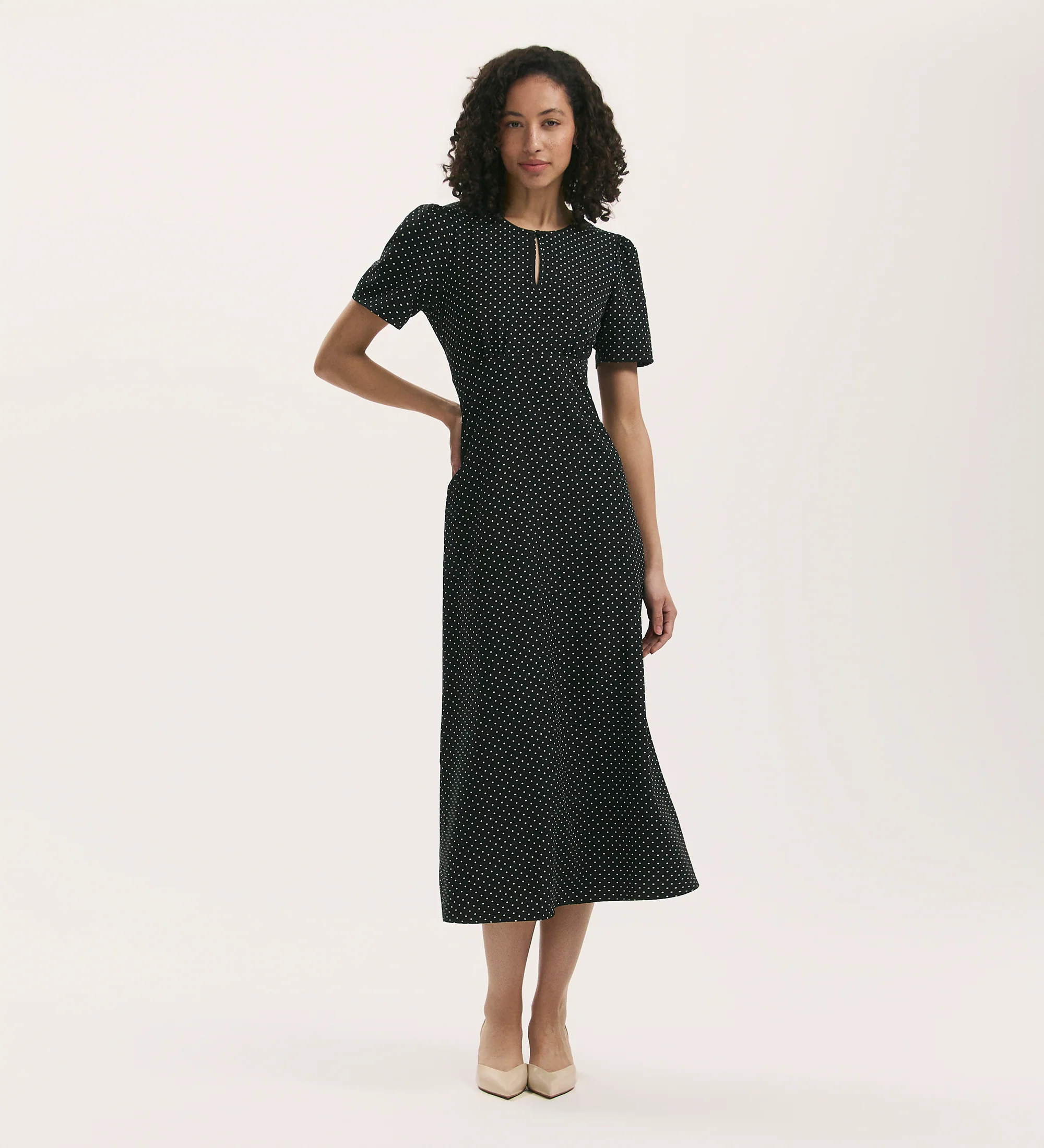 Marie Black Polka Dot Crepe Midi Tea Dress