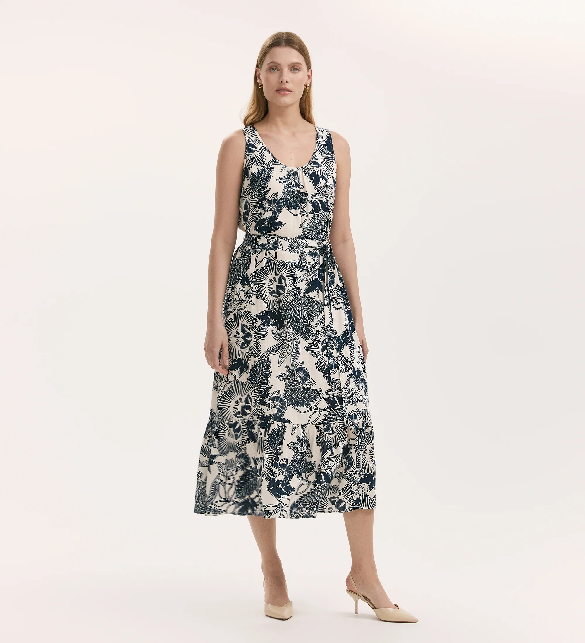 Marta Navy Flower Linen Blend Sleeveless Midi Dress