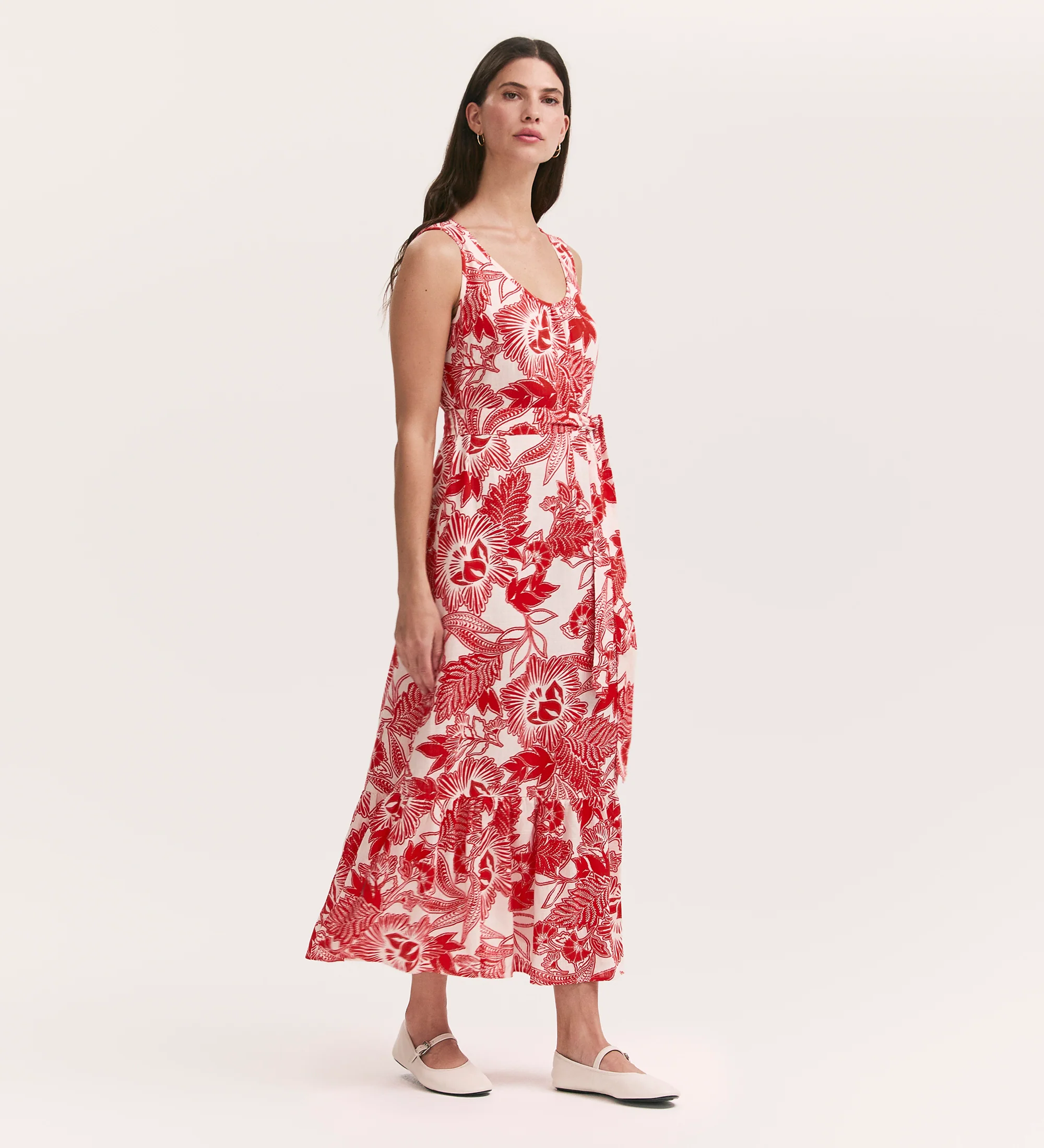Marta Red Flower Crepe Linen Blend Sleeveless Midi Dress