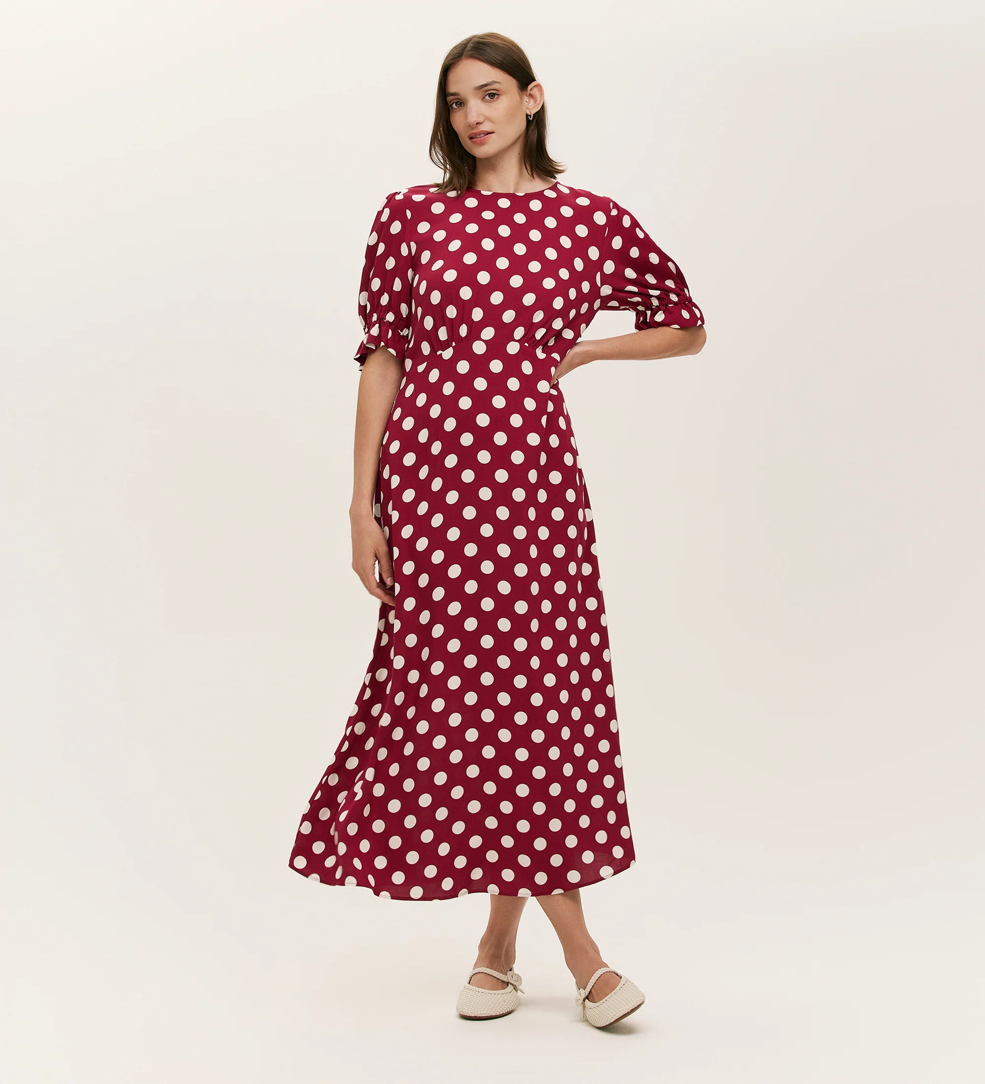 Mela Burgundy Polka Dot Midi Dress