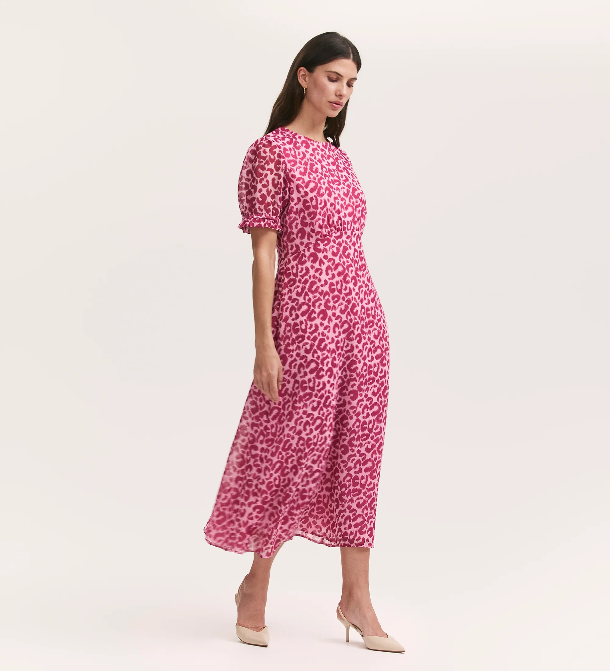 Mela Pink Leopard Chiffon Midi Tea Dress