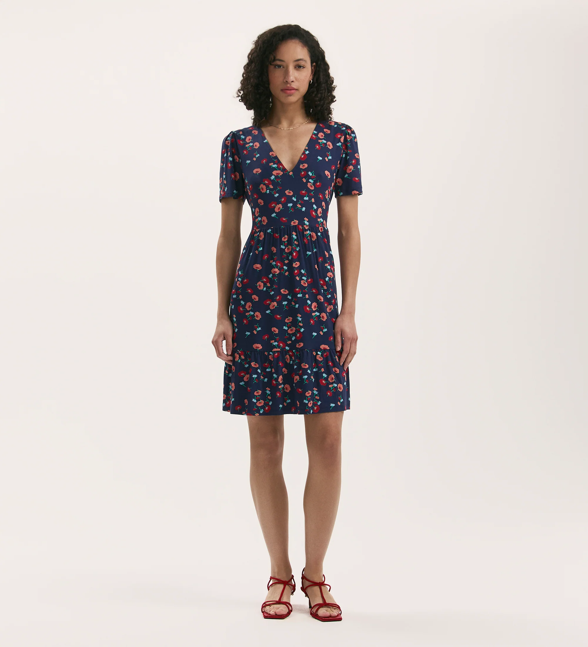 Misha Navy Flower Jersey Short Tiered Dress