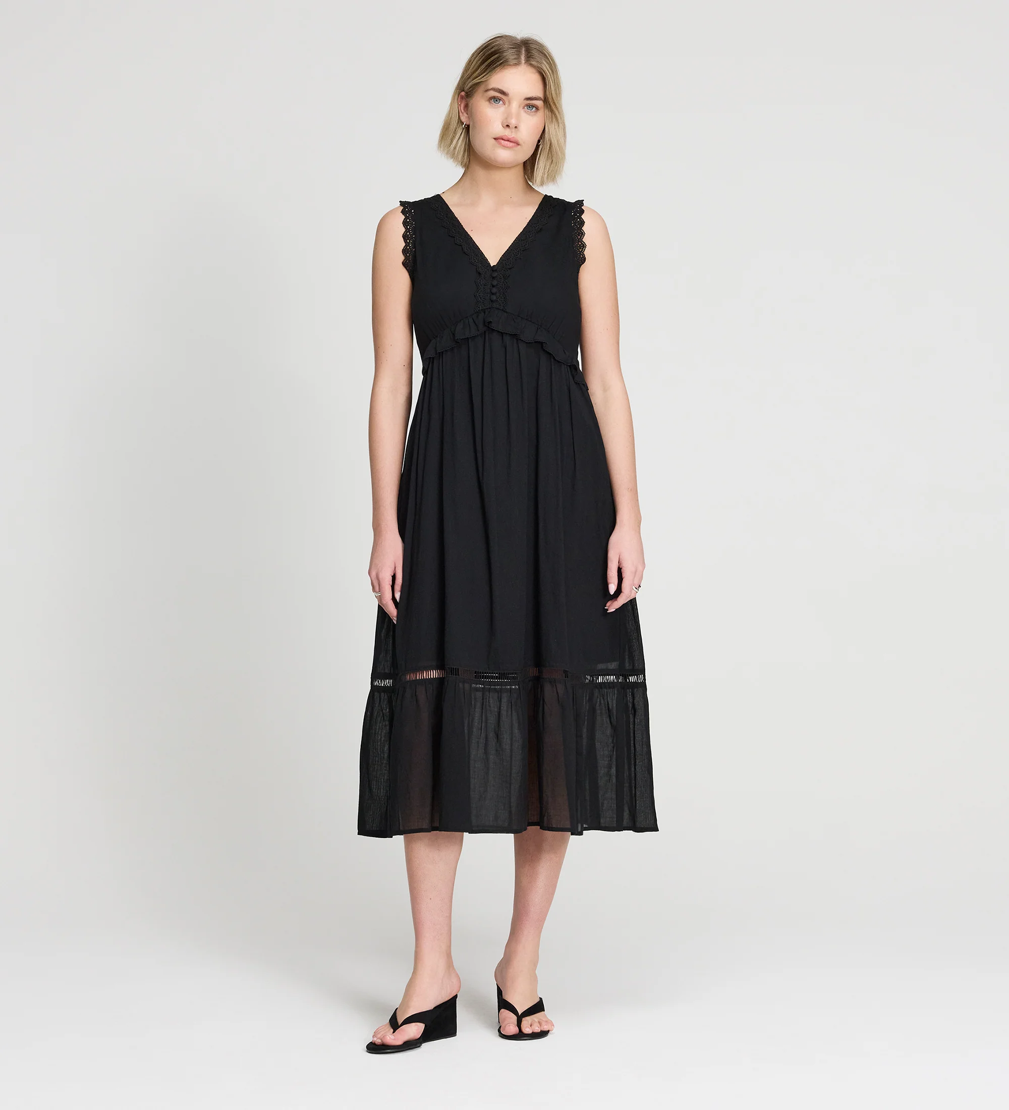 Myriam Black Lace Sleeveless Tiered Cotton Midi Dress