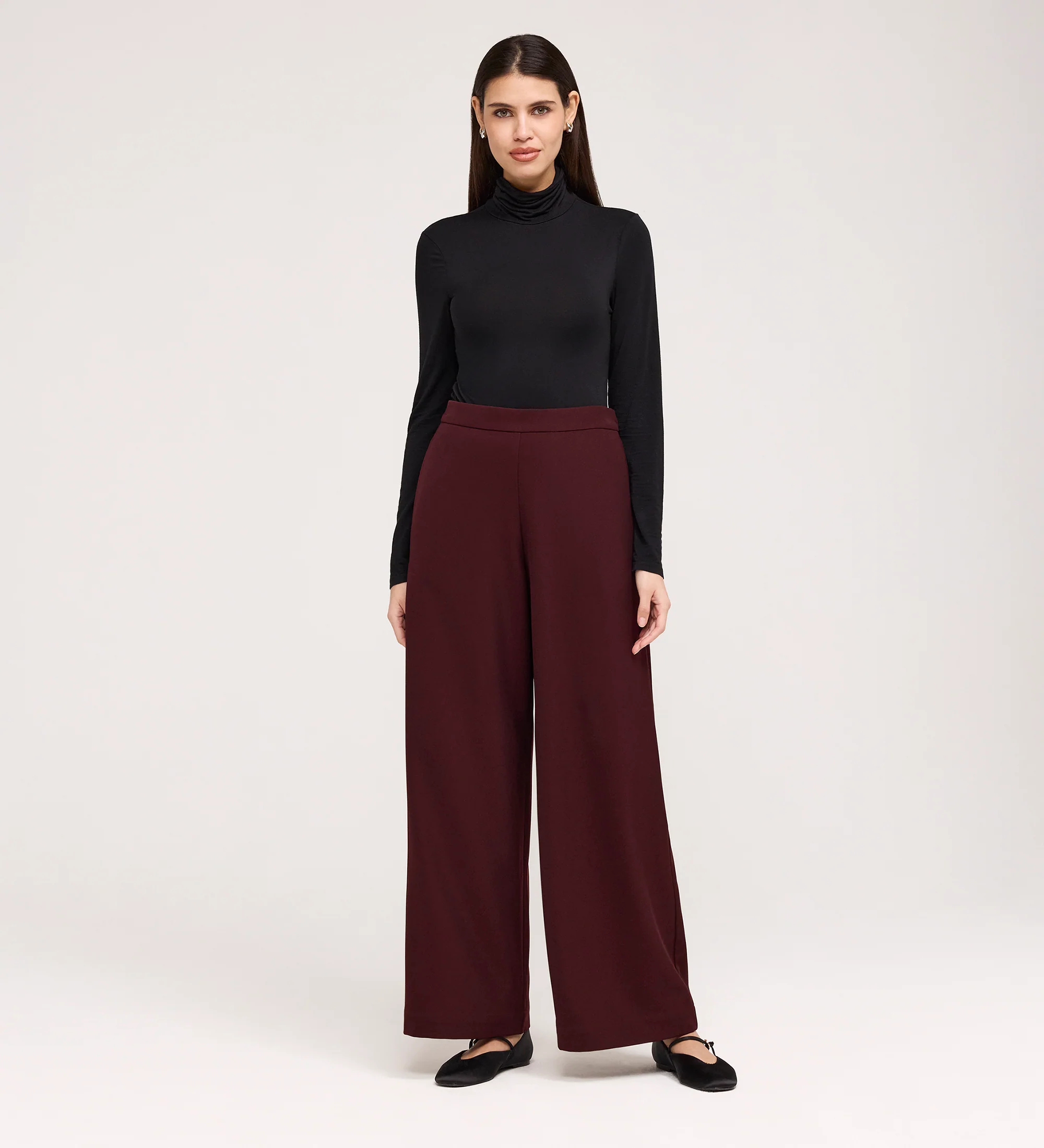 Nat Burgundy Gaberdine Twill Wide Leg Trousers