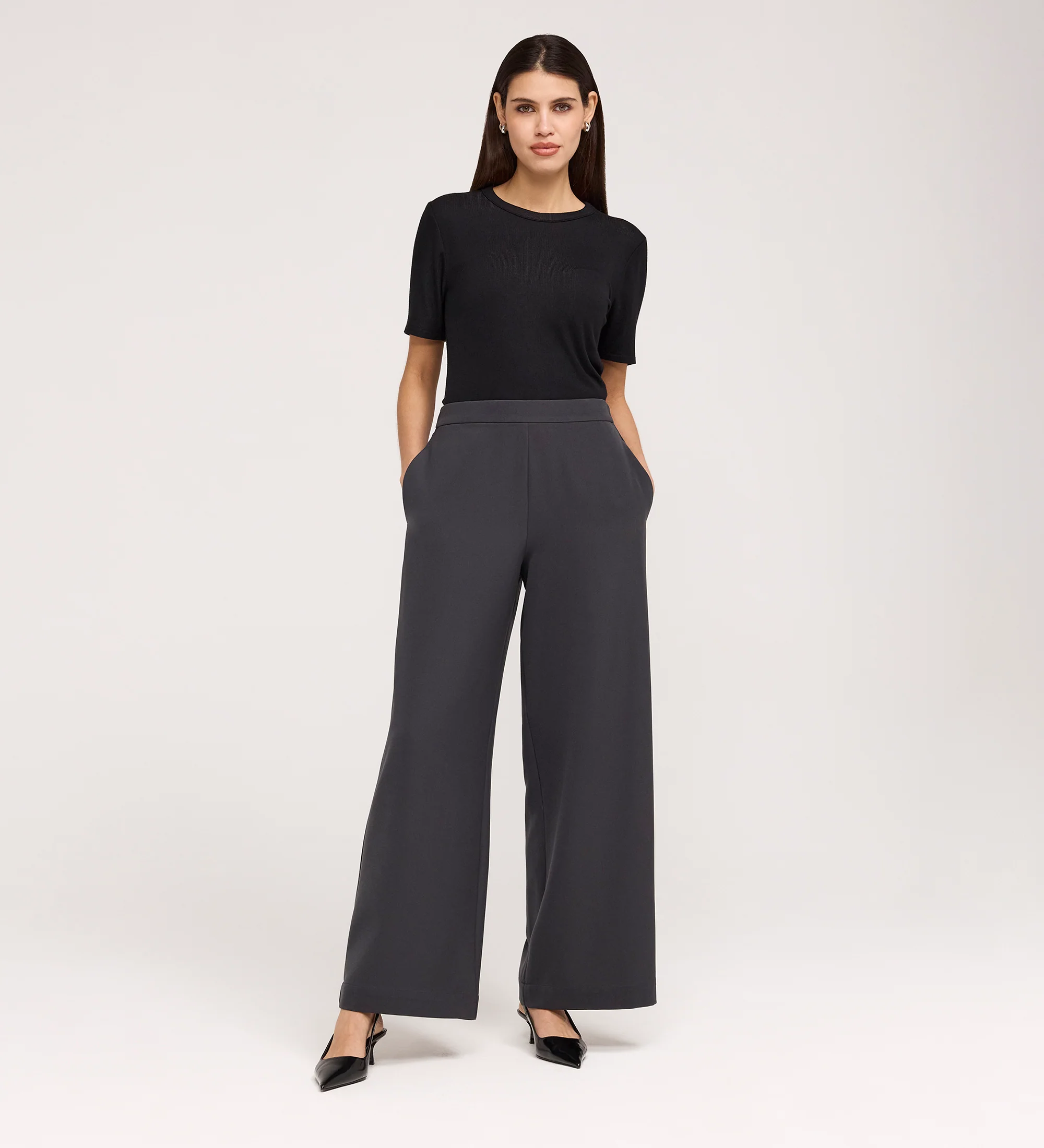 Nat Charcoal Gaberdine Twill Wide Leg Trousers