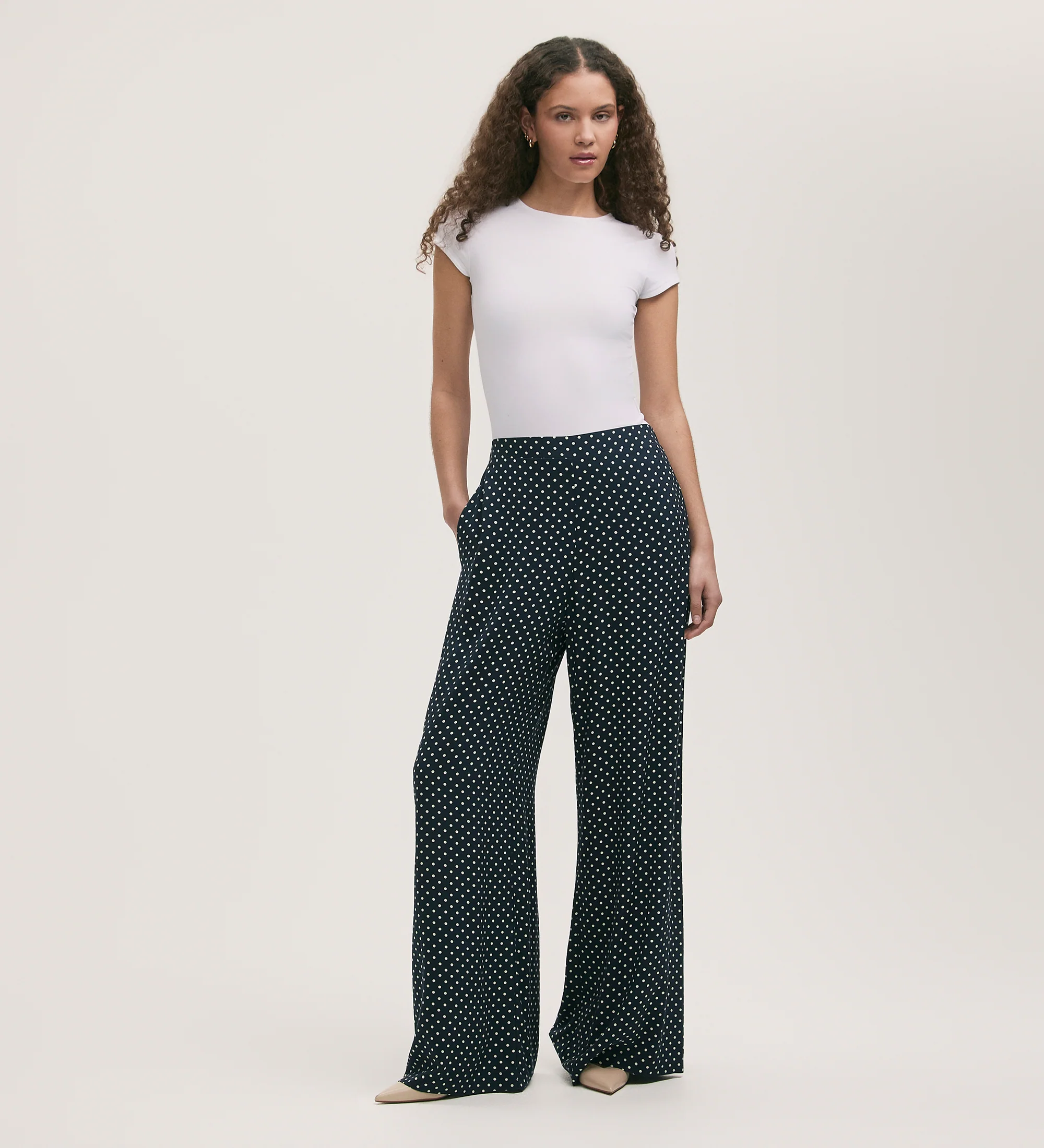 Nat Navy Polka Dot Wide Leg Trousers