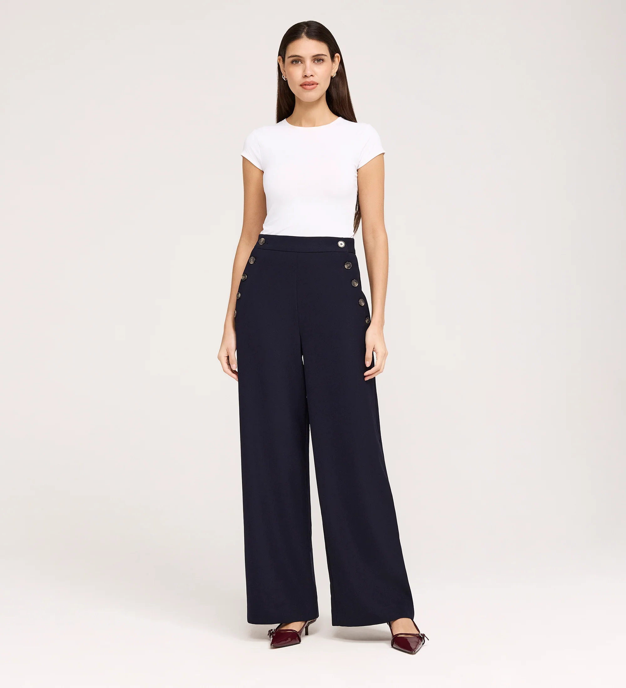 Nellie Navy Gaberdine Twill Wide Leg Trousers