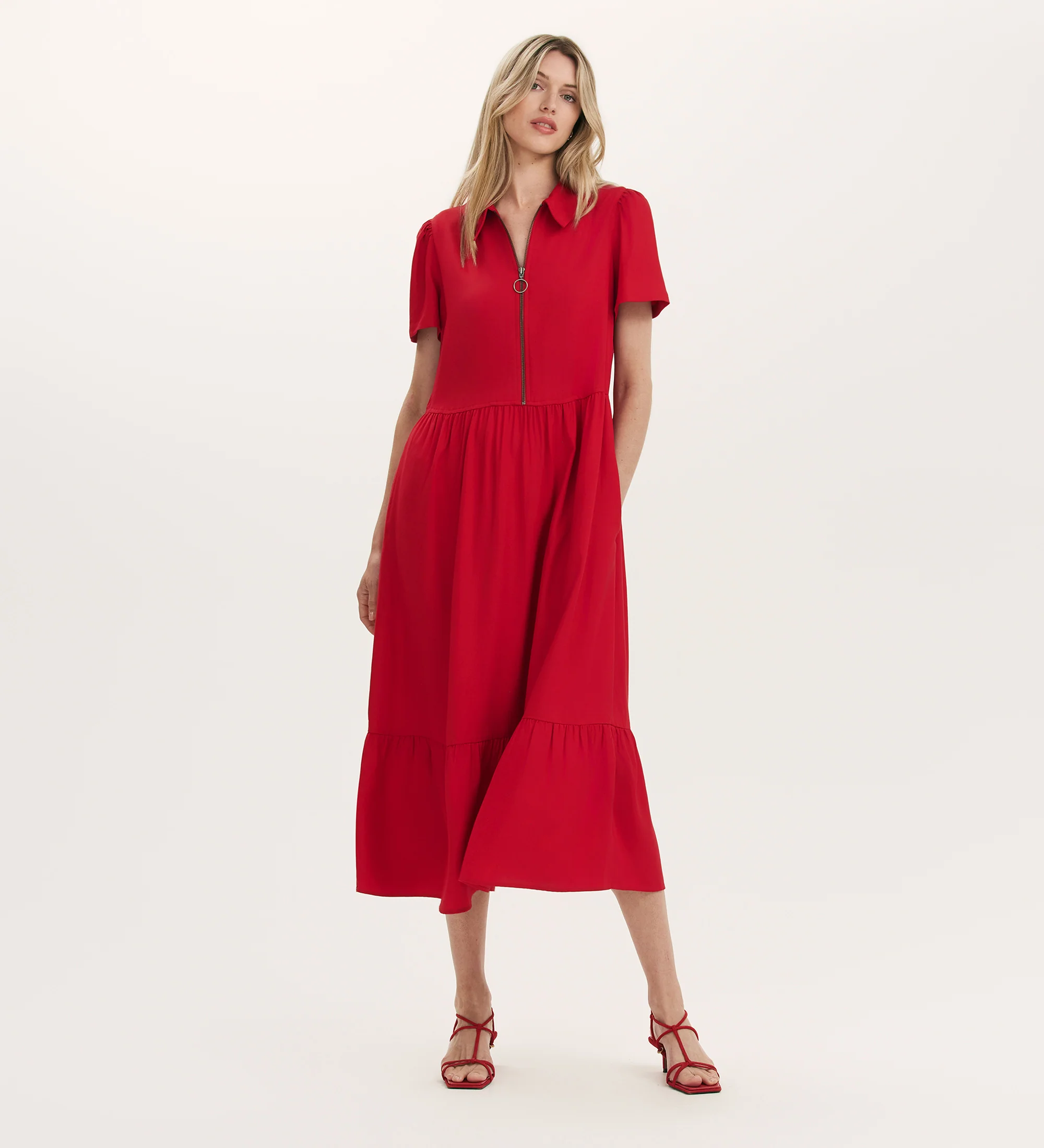 Orion Red Zip Front Midi Shirt Dress
