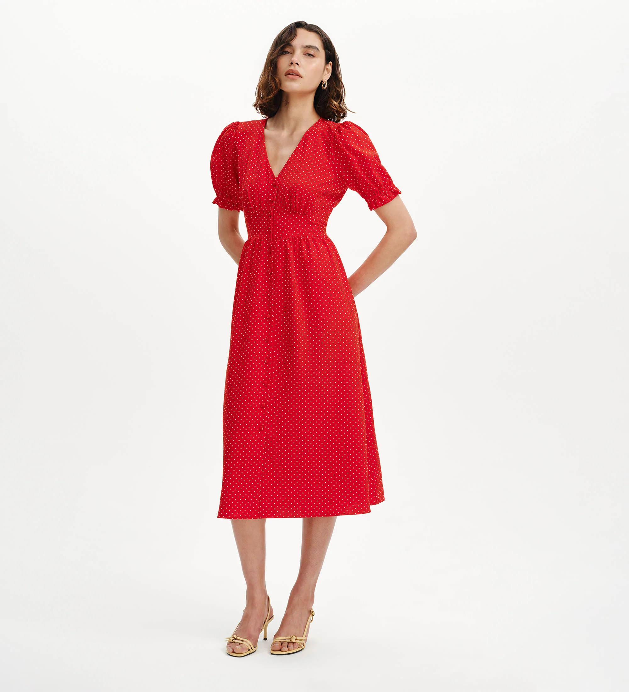 Samantha Red Polka Dot Button Through Midi Dress