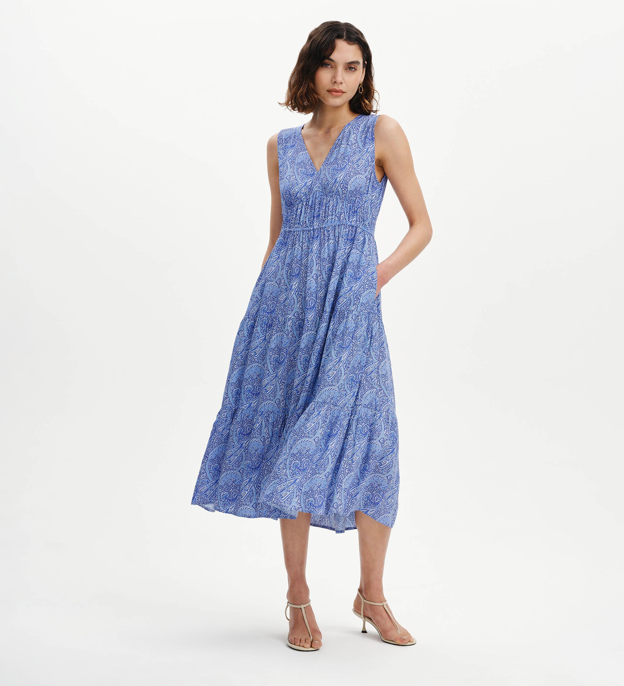 Stacey Blue Paisley Sleeveless Tiered Midi Dress