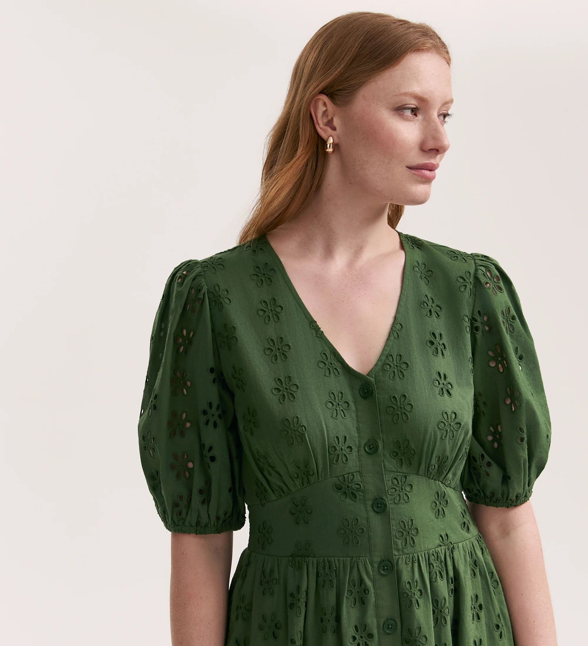 Una Embroidered Cotton Khaki Midi Tea Dress - Image 2